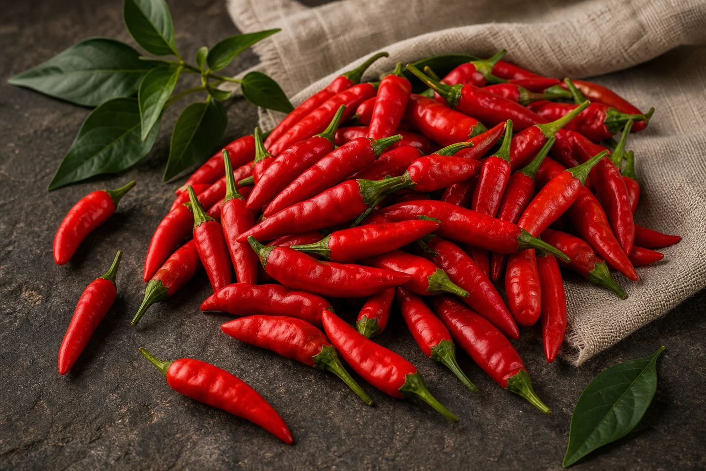 Fresh red chillies and leaves on a linen cloth